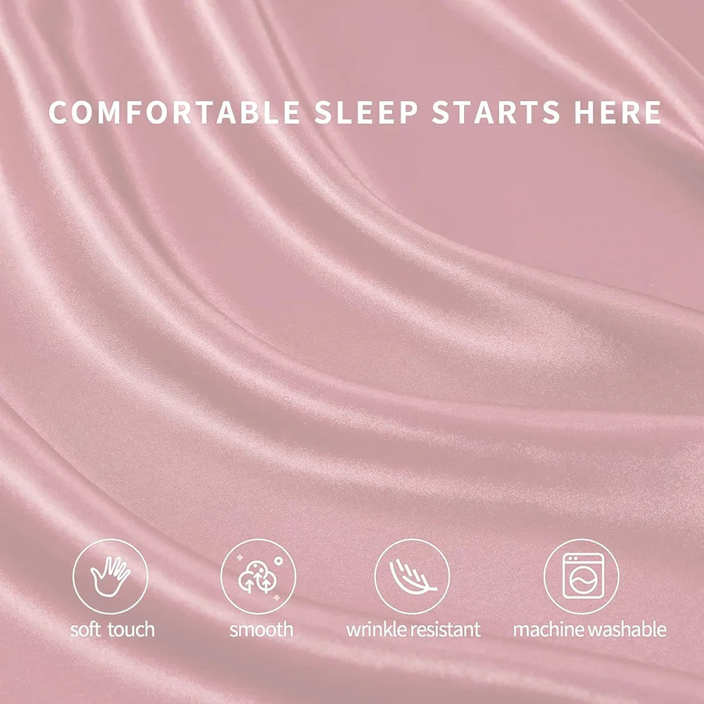 Cloth Fusion Satin Elastic Fitted Bedsheets Double Bed Luxury Queen Size Bed Sheet with 2 Pillow Covers Baby Pink