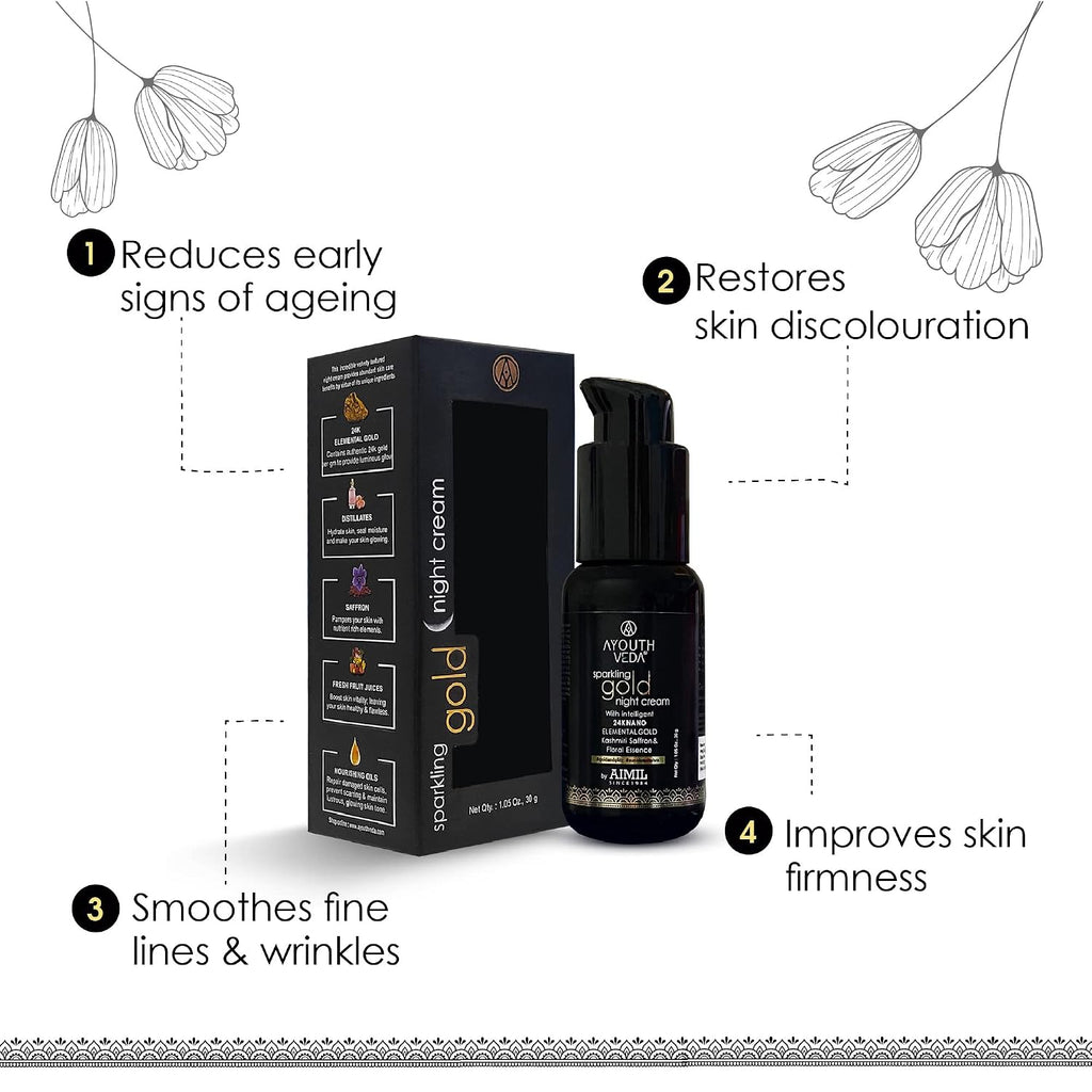 Ayouthveda Sparkling Gold Night Cream | 24K Nano Gold & Kashmiri Saffron | Reduces Fine Lines, Wrinkles & Dark Spots | Restores Skin Firmness & Elasticity | Overnight Anti-Ageing Face Cream (30g (Pack of 1))