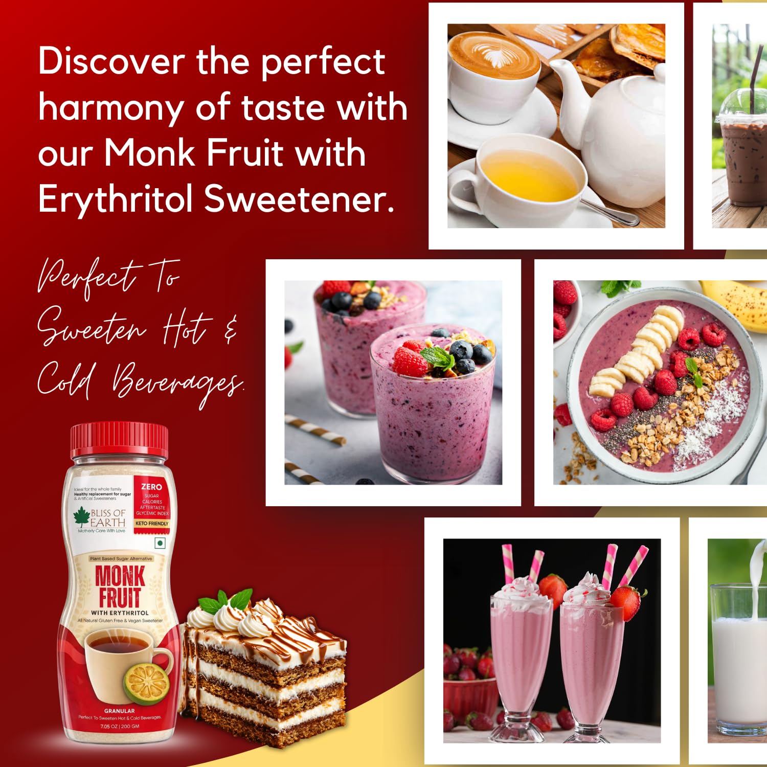 Bliss of Earth Monk Fruit Sweetener with Erythritol 200gm (Golden), 1:1 Zero Calorie Sugar Alternative, Keto Friendly, No Aftertaste, Zero Glycaemic Natural Sweetener,