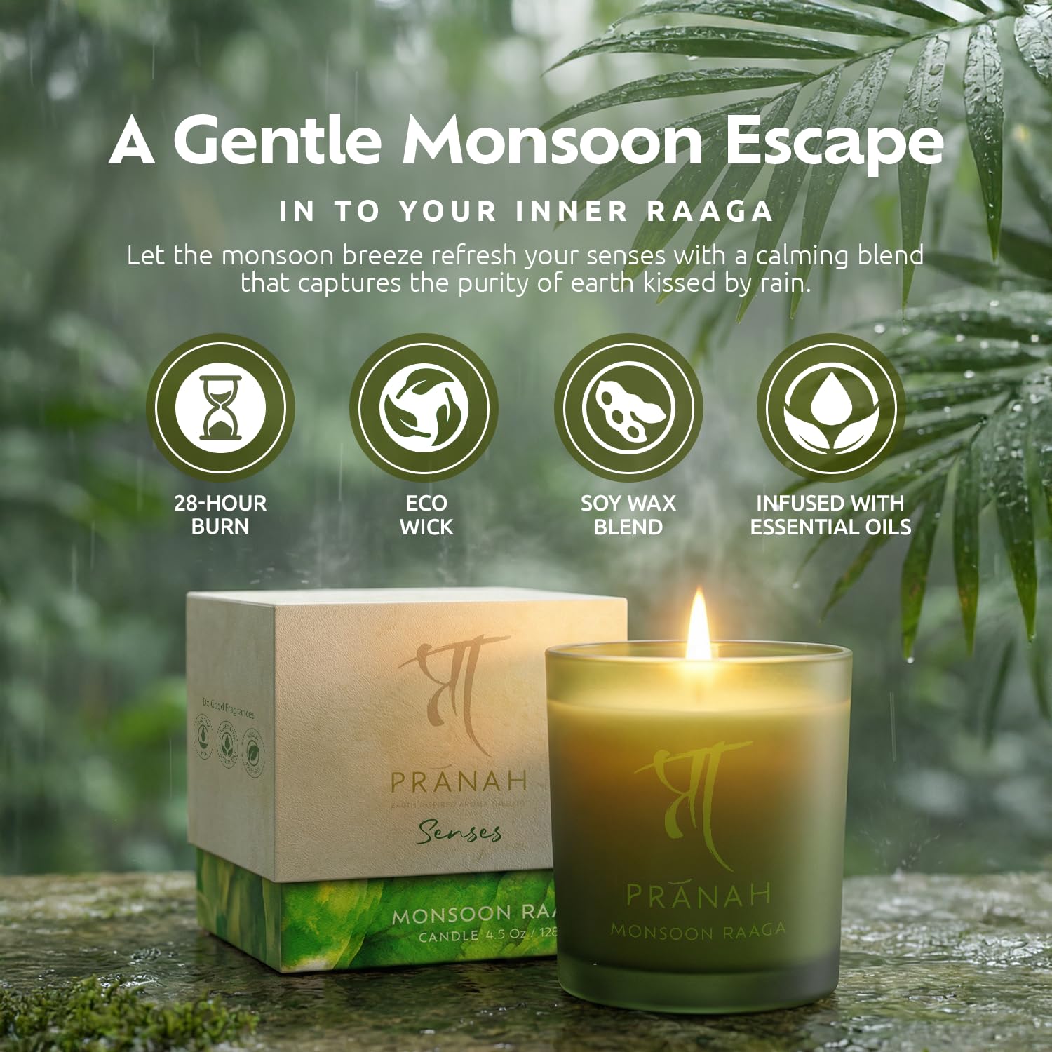 Pranah Monsoon Raaga Aromatherapy Scented Candle | 128g, 28 Hours Burn | Wet Earth & Woody White Floral Notes | Musky Patchouli Oil | Soy Wax, Vegan | Earthy & Sweet Calm