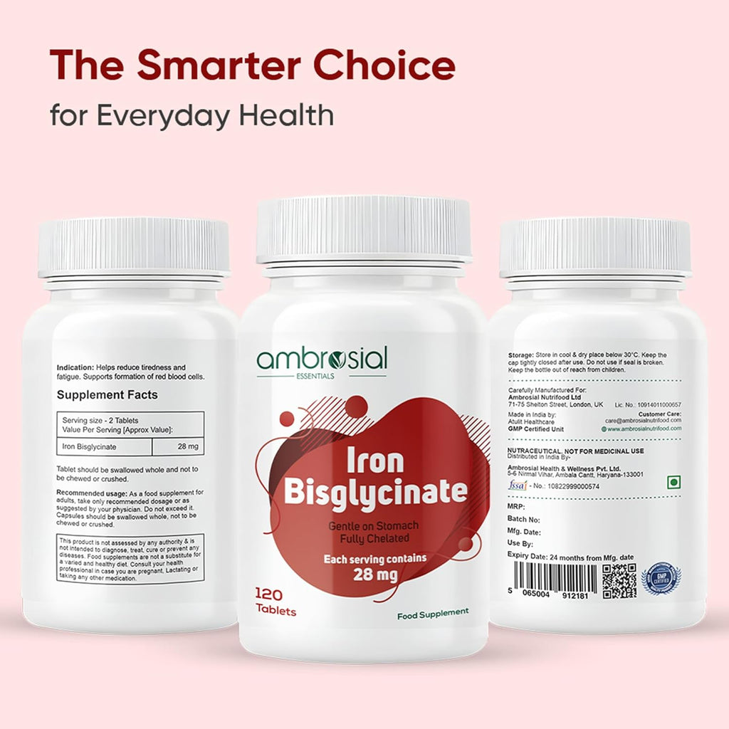 Ambrosial Iron Bisglycinate 28mg High Strength Tablets | High Absorption Iron Supplement for Tiredness and Fatigue for Women and Men | Pack of 1-120 Veg Tablets