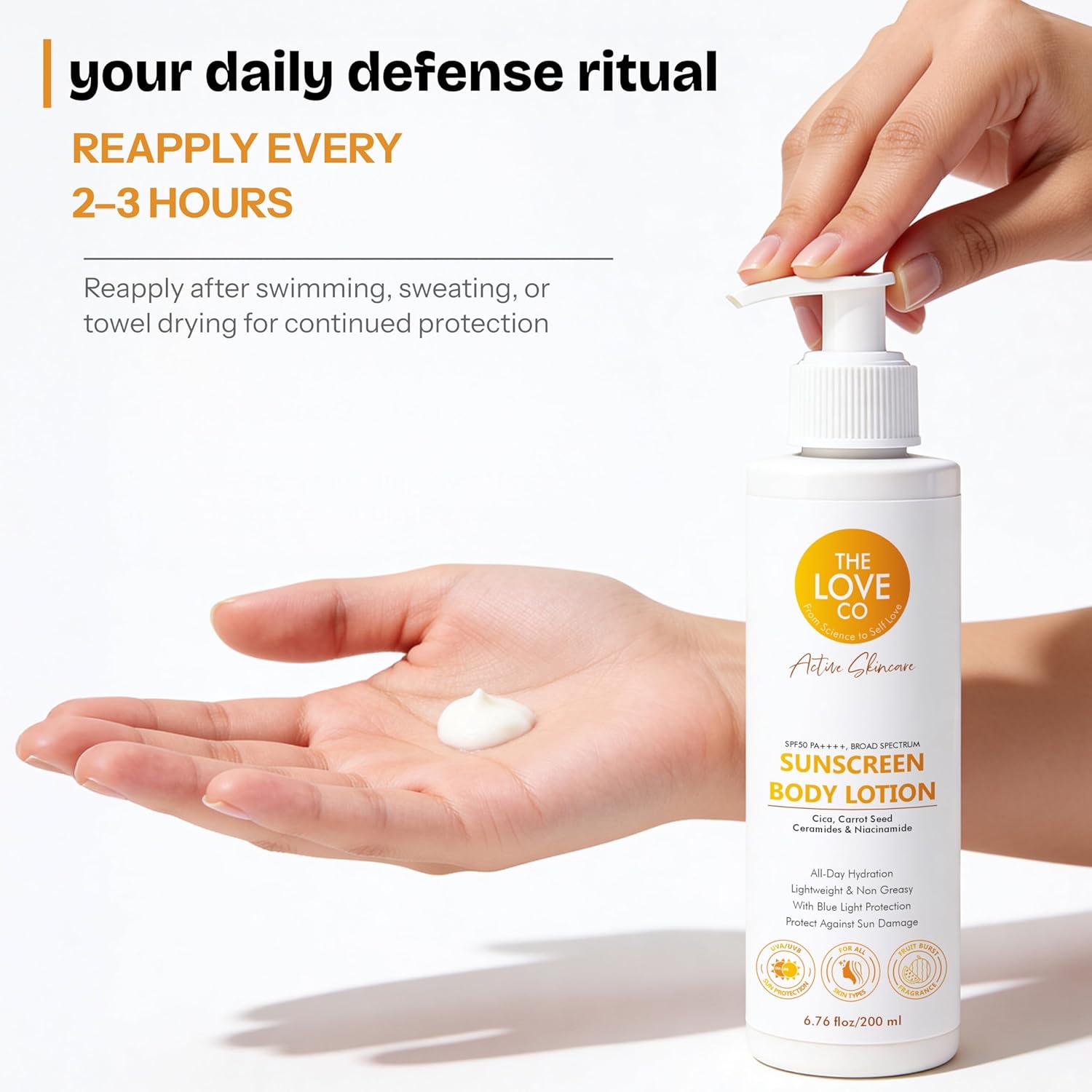 THE LOVE CO Sunscreen Body Lotion SPF 50 PA++++ for Women & Men 200ml | Broad Spectrum UVA UVB Protection | No White Cast, Lightweight & Non-Greasy | Niacinamide, Carrot seed , Cica & Ceramide | Face & Body, All Skin Types
