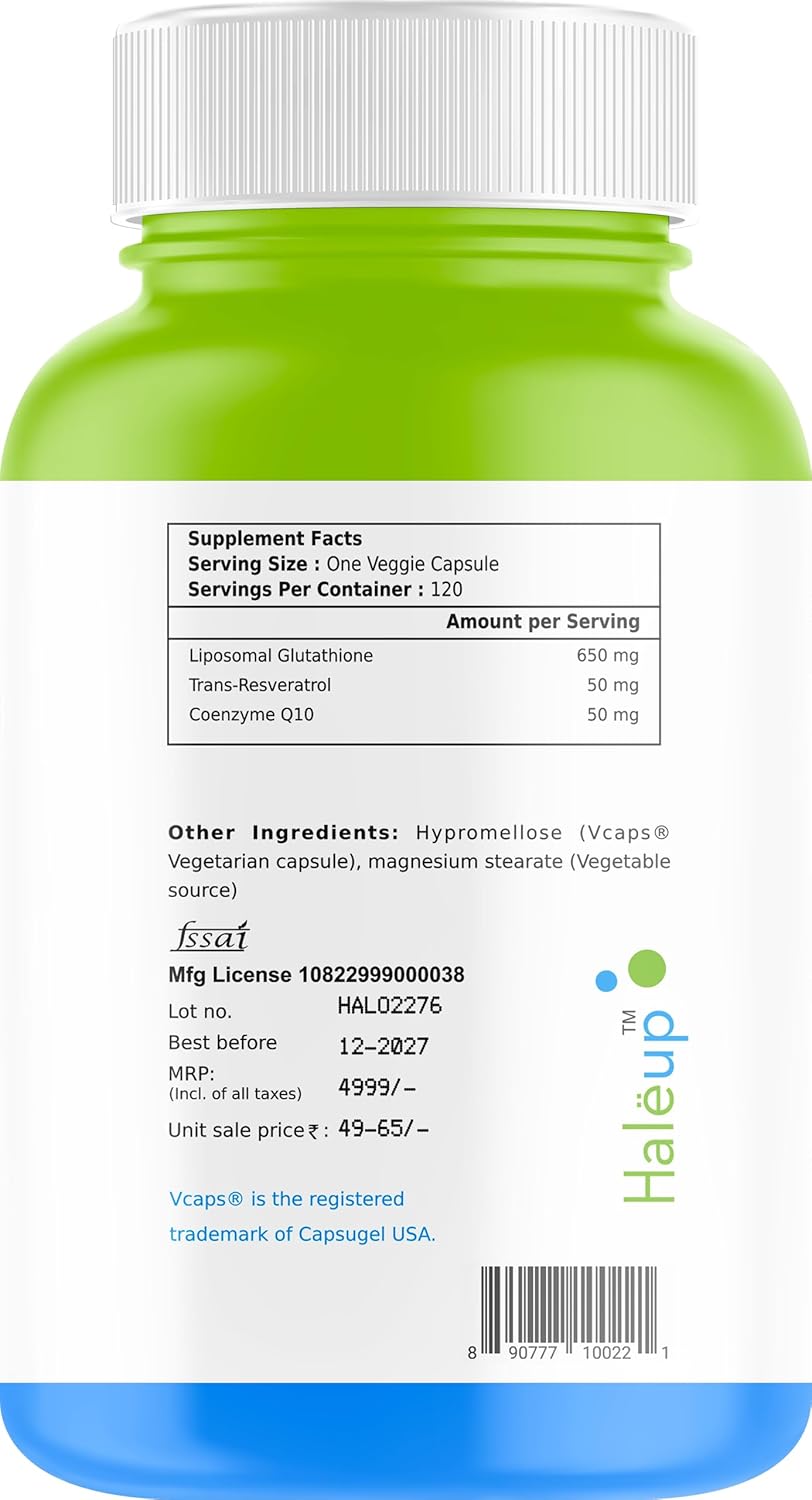 Haleup USA 99% Glutathione with Resveratrol| For Healthy Ageing | Autophagy| Cell Renewal | Immunity| Skin and Hair | Cognitive Support (1 Pack X 120s count)
