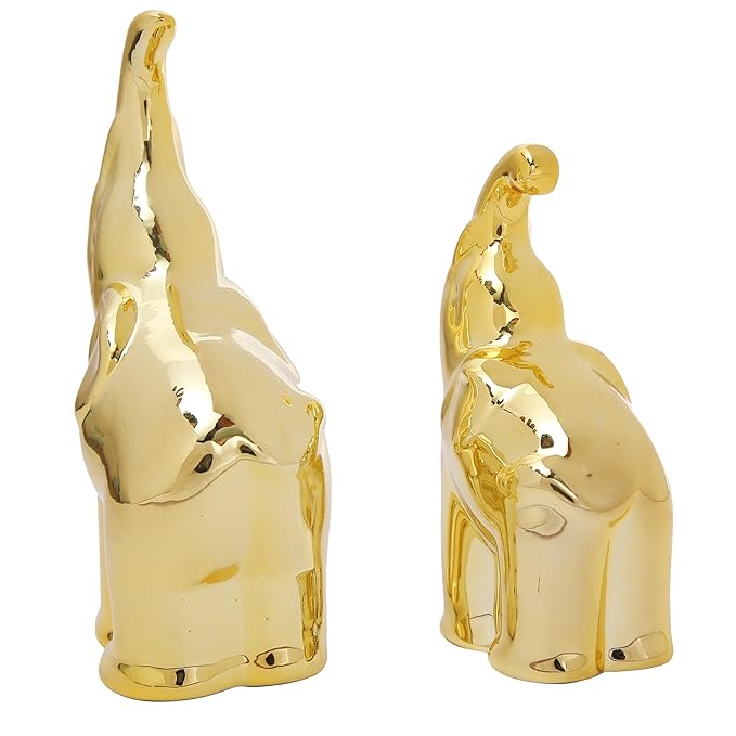 Tied Ribbons 2 Pcs Decorative Ceramic Mother Elephant with Baby Statue Showpiece Decoration