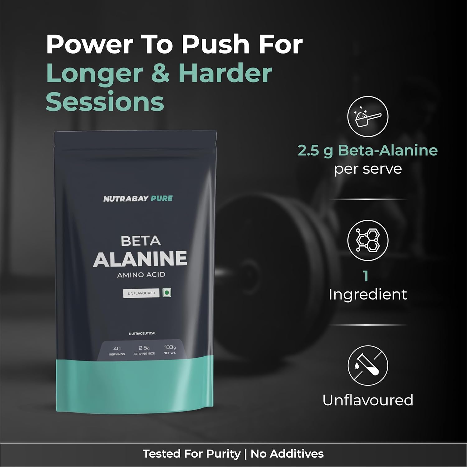 Nutrabay Pure 100% Beta Alanine Powder 2500mg, Pre Workout Amino Acid Supplement for Improved Endurance & Fatigue Reduction | Free from Steroids, Preservatives & Banned Substances - 100g, Unflavoured