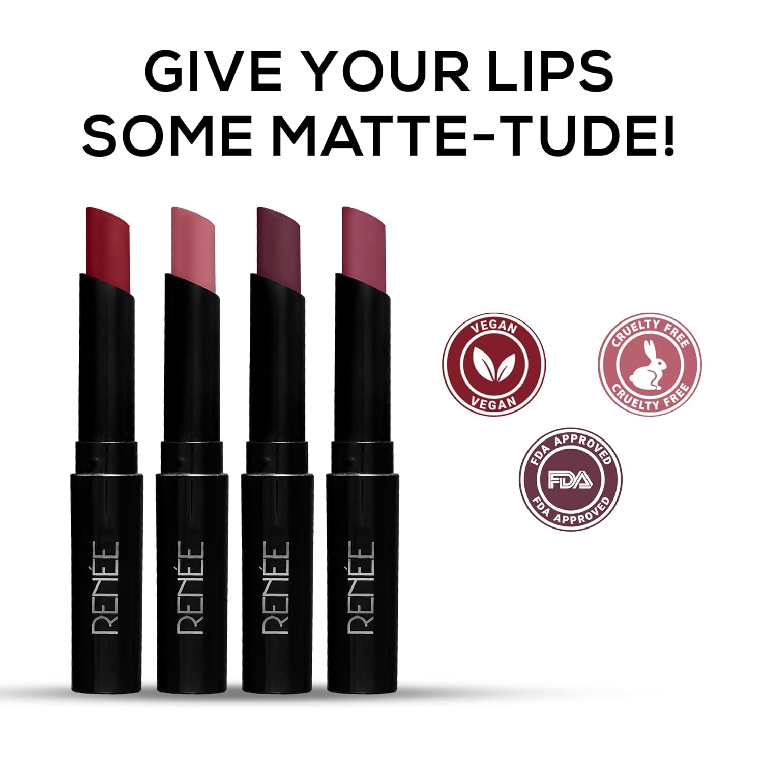 RENEE Very Matte Pack of 4 Matte Lipsticks - Berries, Intense Color Pay Off, Full Coverage, Long Lasting & Weightless, Easy Glide Formula With Velvety Finish, Suitable for All Occasion & Gifting