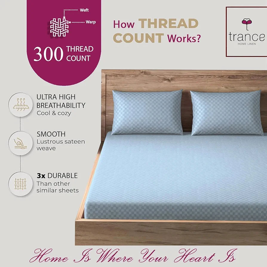 Trance Home Linen Premium 300TC 100% Cotton Jacquard Weave Fitted Bedsheet for King Size Bed with 2 Pillow Cover Skin Friendly Colour Slate Blue