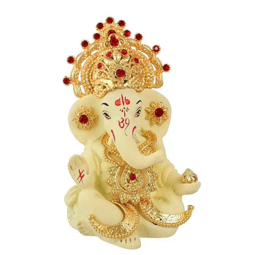 CraftVatika Ganesh Idol Murti Statue for Car Dashboard Ceramic Terracotta Gold Plated Cream