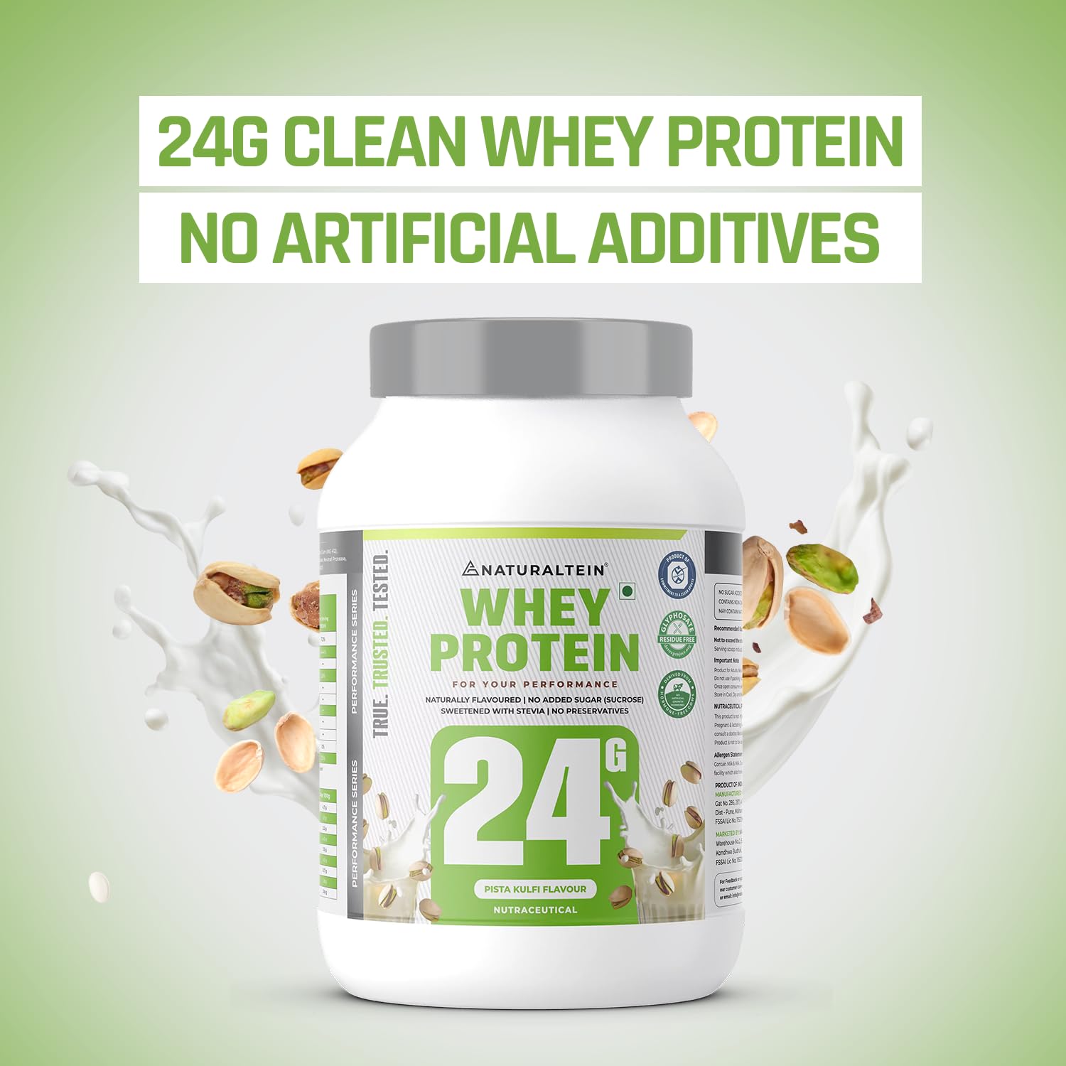 NATURALTEIN Natural Whey Protein â€“ 24g Protein per Serving | Pista Kulfi Flavour | Stevia Sweetened | No Added Sugar | Non-GMO | Soy-Free & Gluten-Free | Super Mixability | 1 kg