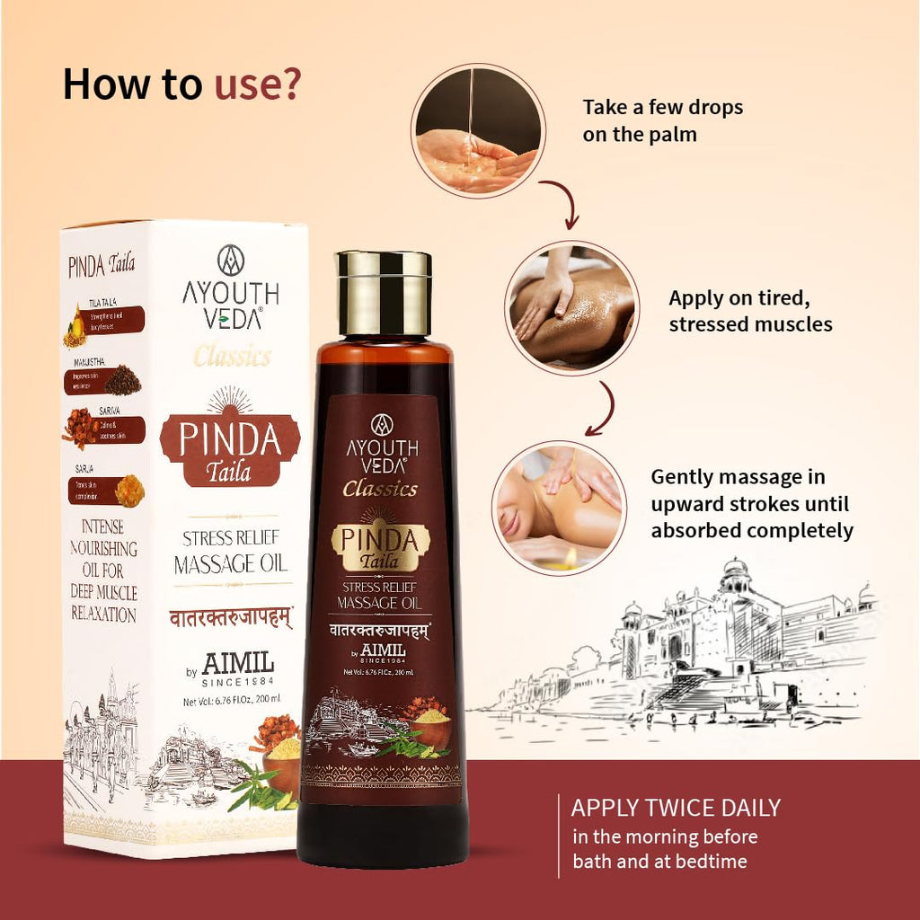 Ayouthveda Ayurvedic Herbal Therapy Pinda Taila | Aromatherapy Sensuous Stress Relief Oil For Body Massage | Helps To Reduce Pain & Tiredness | Moisturising & Nourishing Oil (Pack of 1, 200ml)