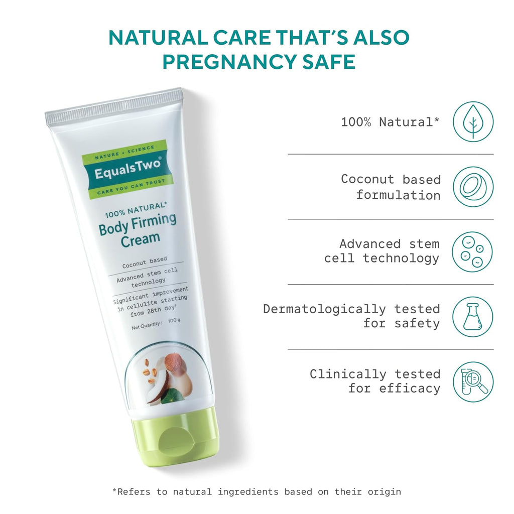 EQUALSTWO by Zydus Body Firming Cream, Anti-Cellulite Cream for Skin Tightening & Elasticity, Enriched with Vitamin C, Shea Butter, Logan Fruit, & Lotus Flower Extract, PH 5.5, Dermatologically Tested, 100ml (Pack 1)
