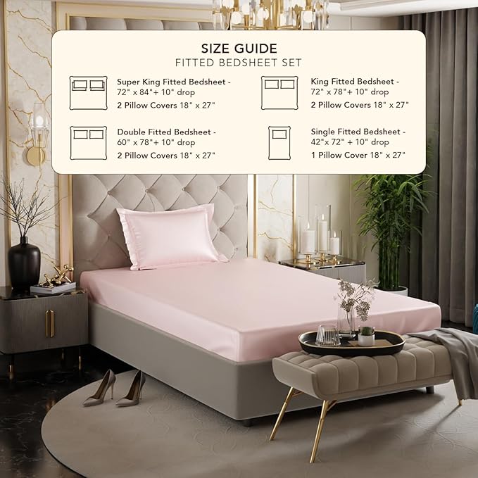 Stoa Paris Satin Elastic Fitted Bedsheets for Single Bed 300TC Premium 1 Pillow Cover Colour Blushing Pink