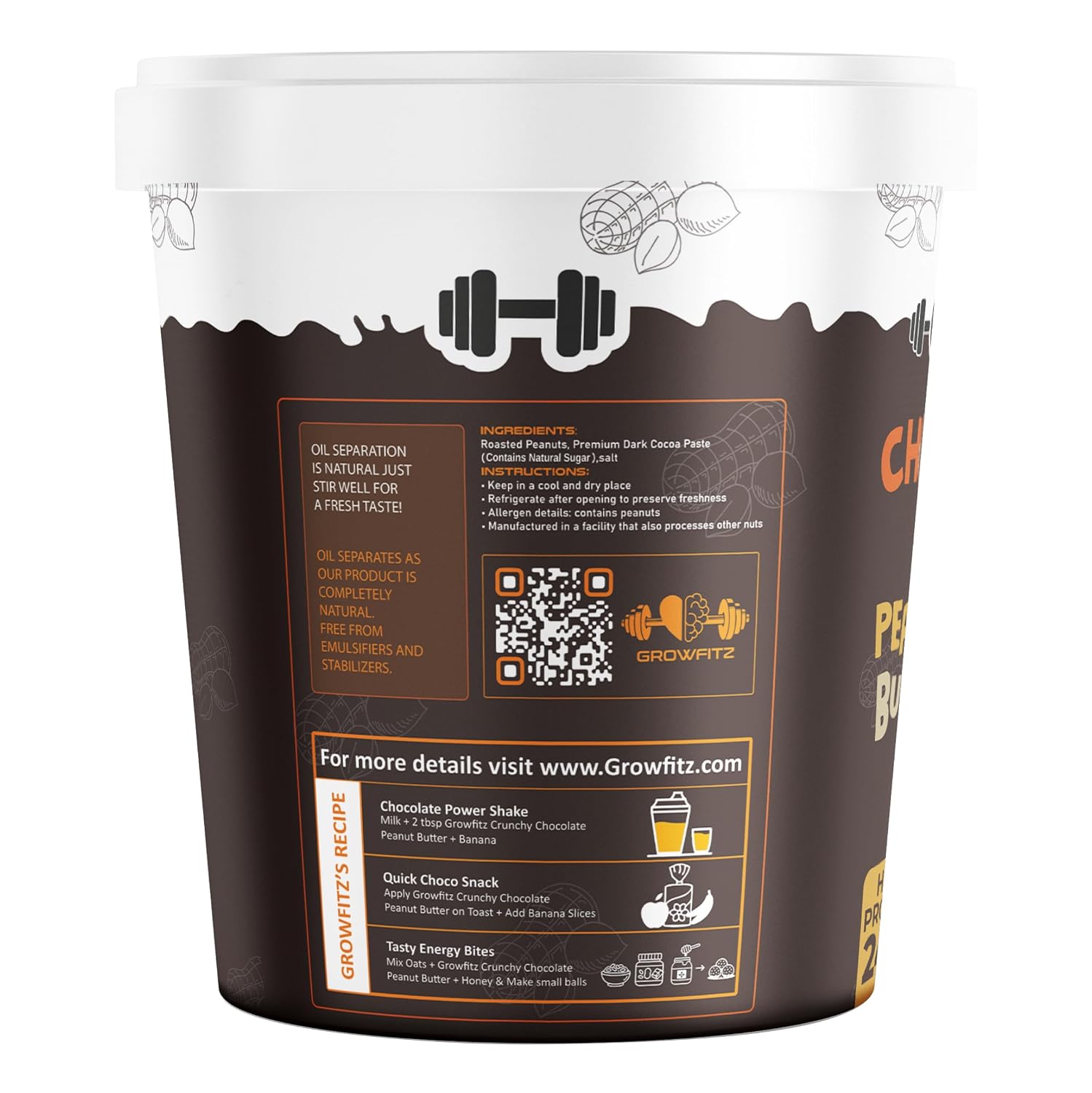 Growfitz CHOCO LAVA Peanut Butter | Indulgent Chocolate Taste | 24 g High Protein | Crunchy Peanut Butter Spread | No Palm Oil | Protein Rich | 800g