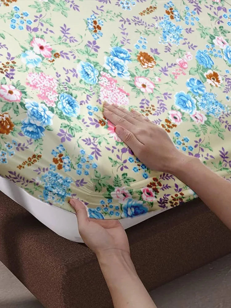 Trance Home Linen 100% Cotton 78"X60" Standard Queen Size Elastic Fitted Bedsheet Printed Queen Bed Size With 2 Pillow Covers 180 tc Colour Green Vintage Woods