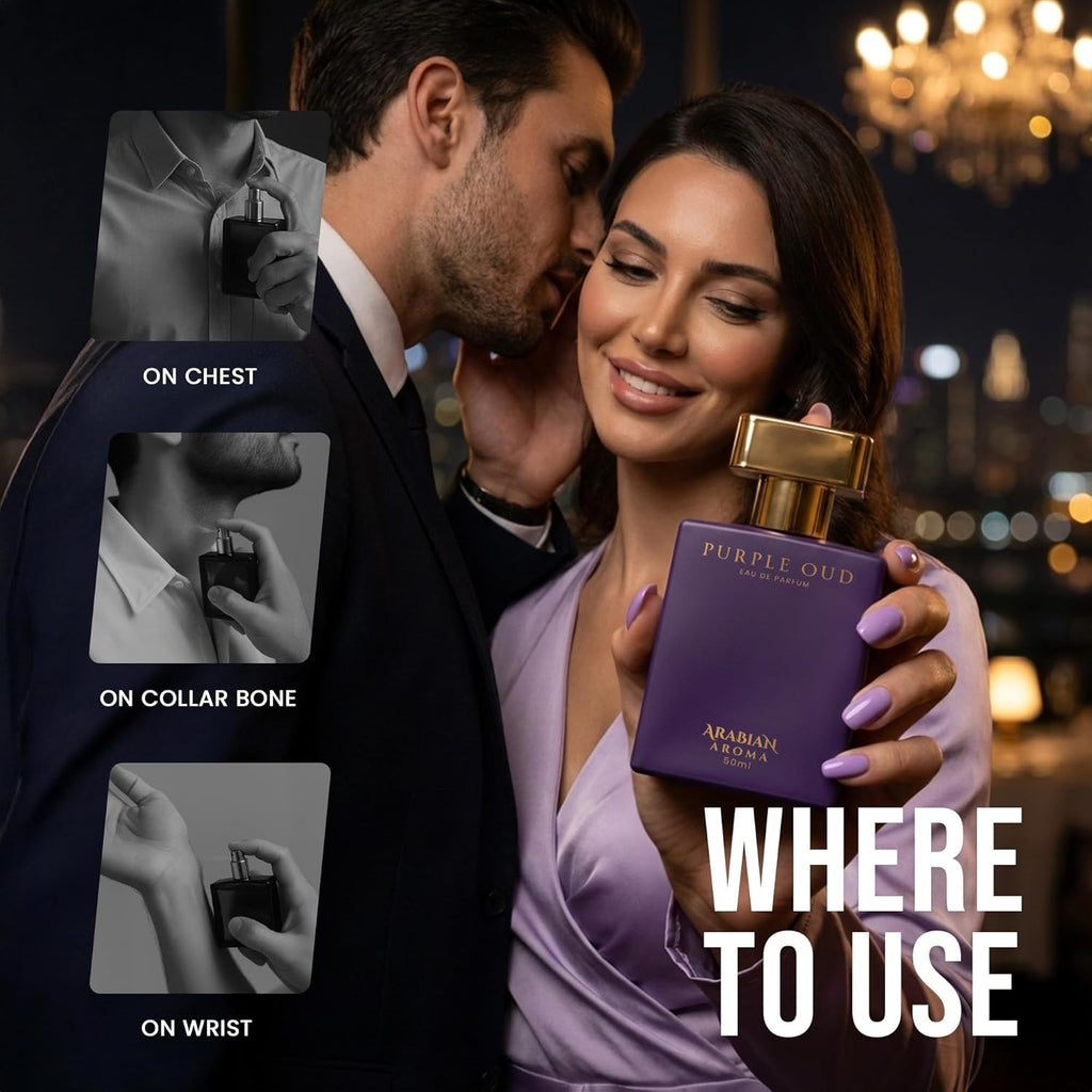 Arabian Aroma Purple Oud Eau de Parfum, Saffron & Pink Pepper Long Lasting Bold Luxury Perfume, 50ml