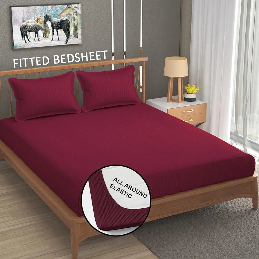 Homefab India 160 TC Stripe Cotton Feel Glace Cotton Elastic Fitted King Size Double Bed Bedsheet with 2 Pillow Covers Fits Upto 6 inches Mattress Maroon