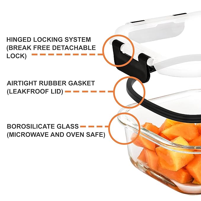 Femora Borosilicate Square Glass Container With Dectahable & Break Free Lid | Microwave Oven Safe | Black Color | 300 Ml