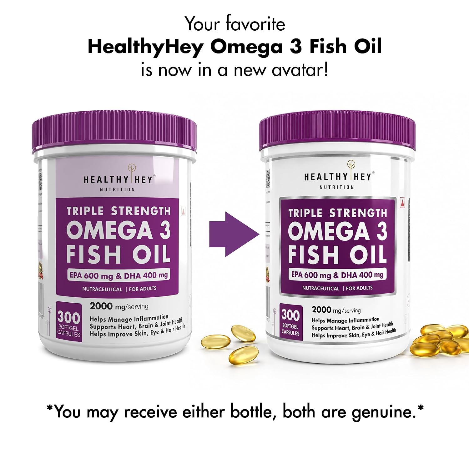HealthyHey Sports Omega 3 Fish Oil | Omega 3 Fish Oil Capsules For Women and Men - 300 Softgels (EPA 600 - DHA 400)