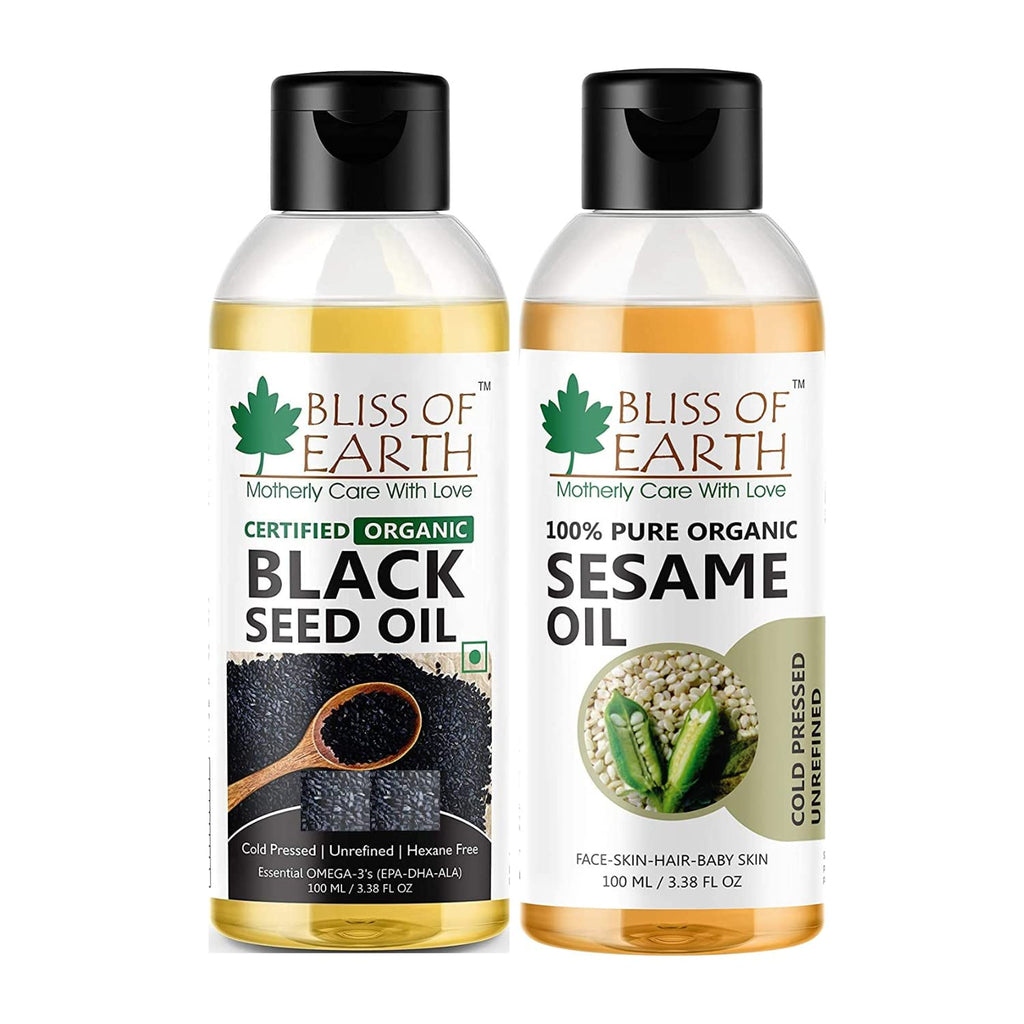 Bliss of Earth 100ML Certified Organic Black Seed Oil+Organic Sesame Oil 100ML. Coldpressed & Unrefined (Pack of 2)