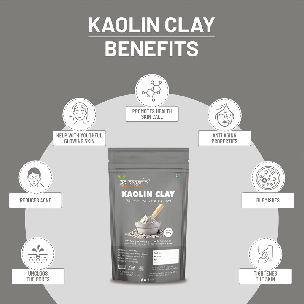 Go Organic White Kaolin Clay Powder for Skin Face Mask, 250g, Natural Ingredients, Gentle Exfoliation, Deep Cleansing,China clay | White Clay | Vegan and Organic | Paraben free | Reduces Acne, De Tan & Blackheads | Fack Pack | Hair Pack |
