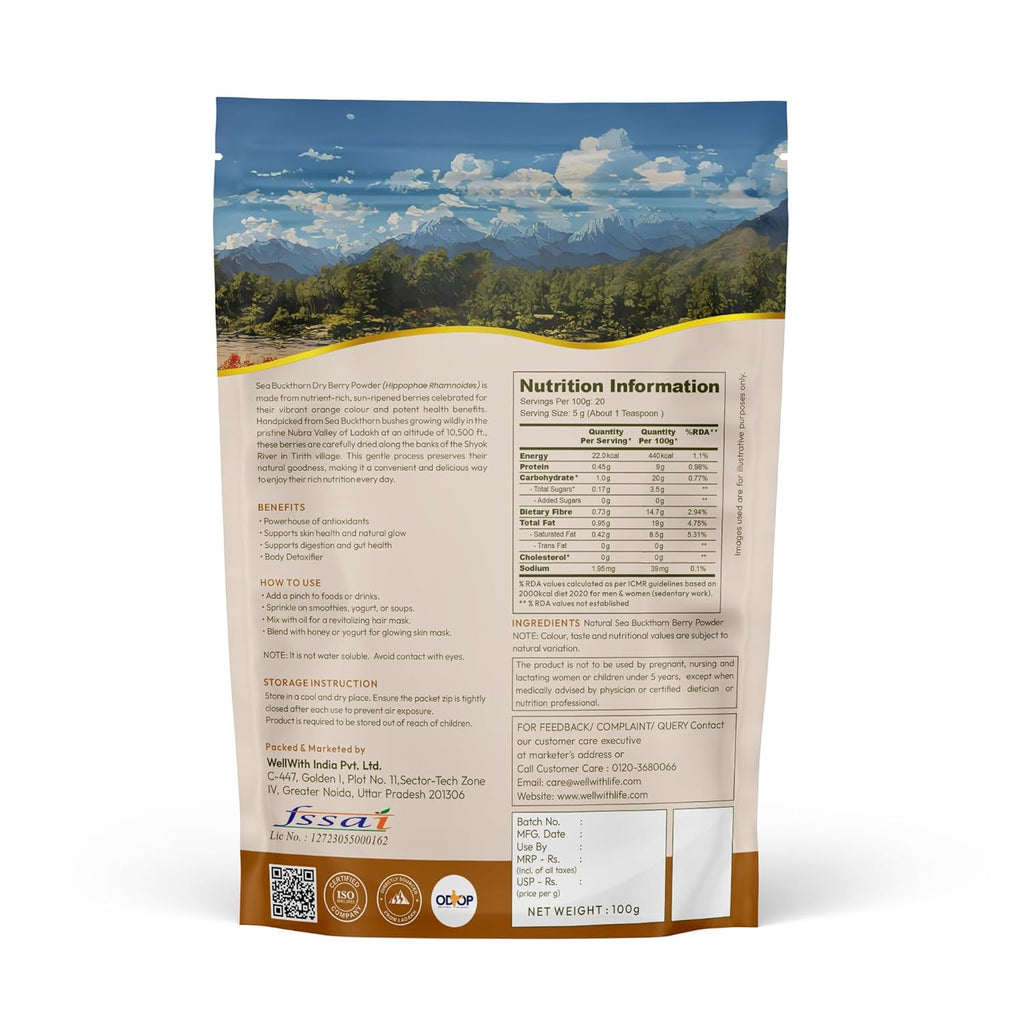 Wellwith Himalayan Sea Buckthorn Dry Berry Kkin Powder, 100g | Rich in Omega 3, 6, 7, 9 | Collagen, Fiber, Omegas, Vitamin C, Vitamin E | Dry Sea Buckthorn Berry Powder (100, Grams)