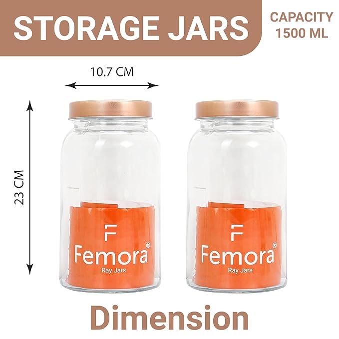 Femora Kitchen Storage Jars Clear Glass Jar With Steel Lid Air Tight Jar | 1500 Ml | Pack of 6 | Golden Lid
