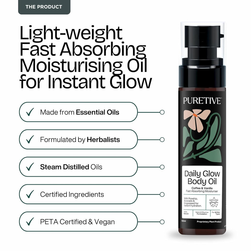 Puretive Daily Glow Body Oil | Fast-Absorbing Non-Sticky Moisturizing Body Oil for Winter Dry Skin | Rosehip, Avocado, Grapeseed | Deep Hydration for Radiant, Soft & Smooth Skin | Warm Coffee Vanilla Aroma (100ml)