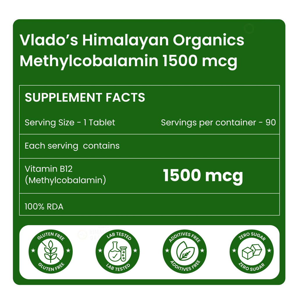 Vlado's Himalayan Organics Methylcobalamin Vitamin B12 1500mcg Supplement for Men & Women - 90 Veg Tablets