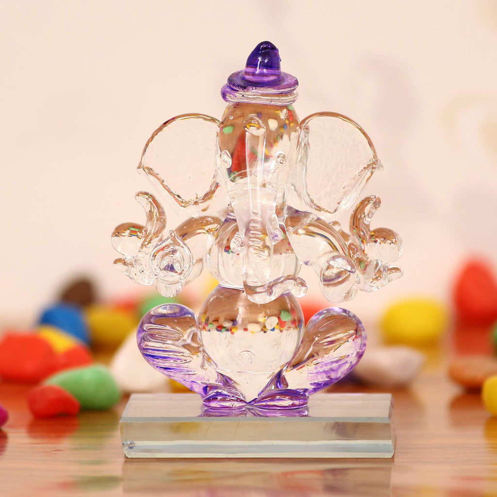 Ecraftindia Purple and Transparent Double Sided Crystal Car Ganesha Showpiece