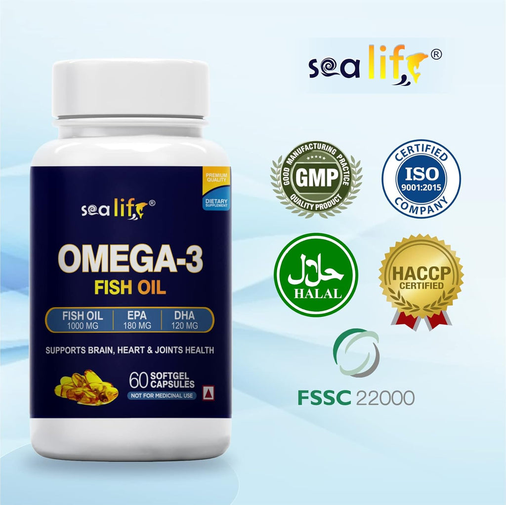 Sea Life Omega 3 Fish Oil 1000 Mg Fatty Acid Capsules | 180 Mg EPA & 120 Mg DHA | Pack of 1 (60 Softgels Capsules)| Supports Healthy Heart, Joints, Skin, Brain & Eyes | For Men & Women