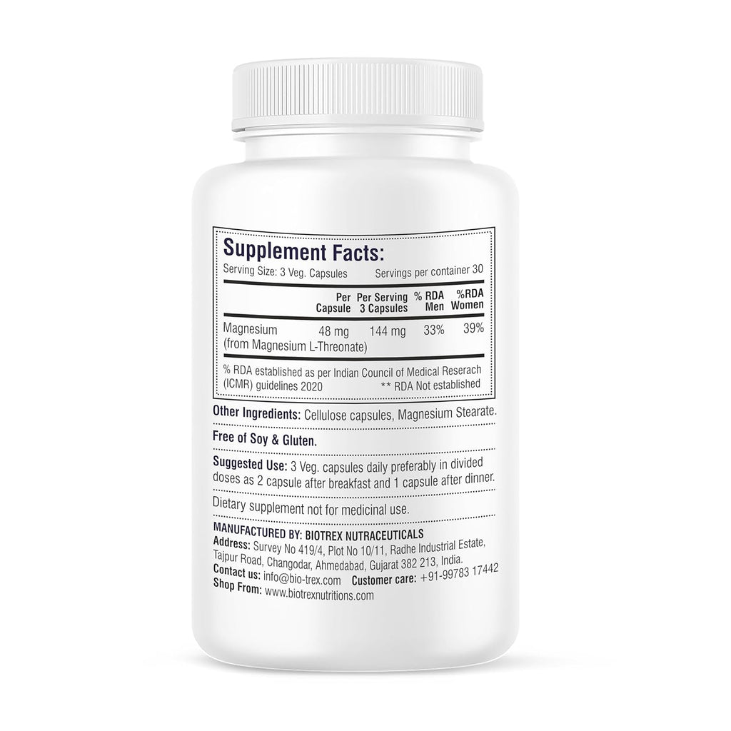 Biotrex Nutraceuticals Magnesium L Threonate 2000mg Per Serving | Better sleep, Cognitive Support & Quick Thinking | Brain & Memory Function | Most Bioavailable Form of Magnesium | 90 Vegetarian Capsules