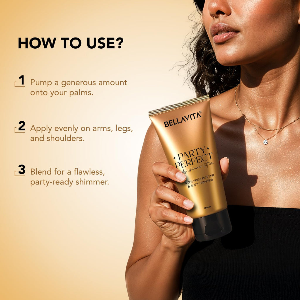 BELLAVITA Party Perfect Body Shimmer Lotion | Instant 3D Glow | Party-Ready Sheen | Butter-Rich Deep Hydration | Lightweight & Non-Sticky | 150ml