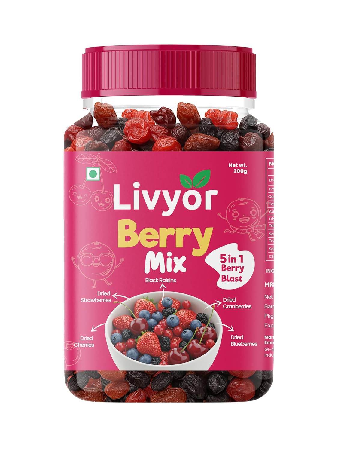 Livyor 5 in 1 Berry Mix for eating - 200g | Good Source of Fibre | Dried Cranberries | Black Raisins | Cherries | Blueberries | Strawberries | Berry Blast | Berries dry fruits | Berries fresh | Pack of 1