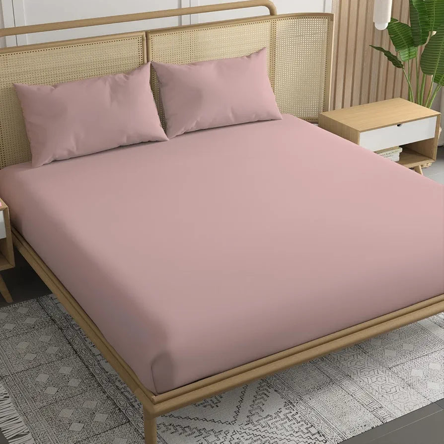 Trance Home Linen 300 TC Bamboo Fitted Queen Size Bedsheet Soft Breathable & Eco-Friendly Bedsheet with 2 Pillow Cover Colour Cameo Rose