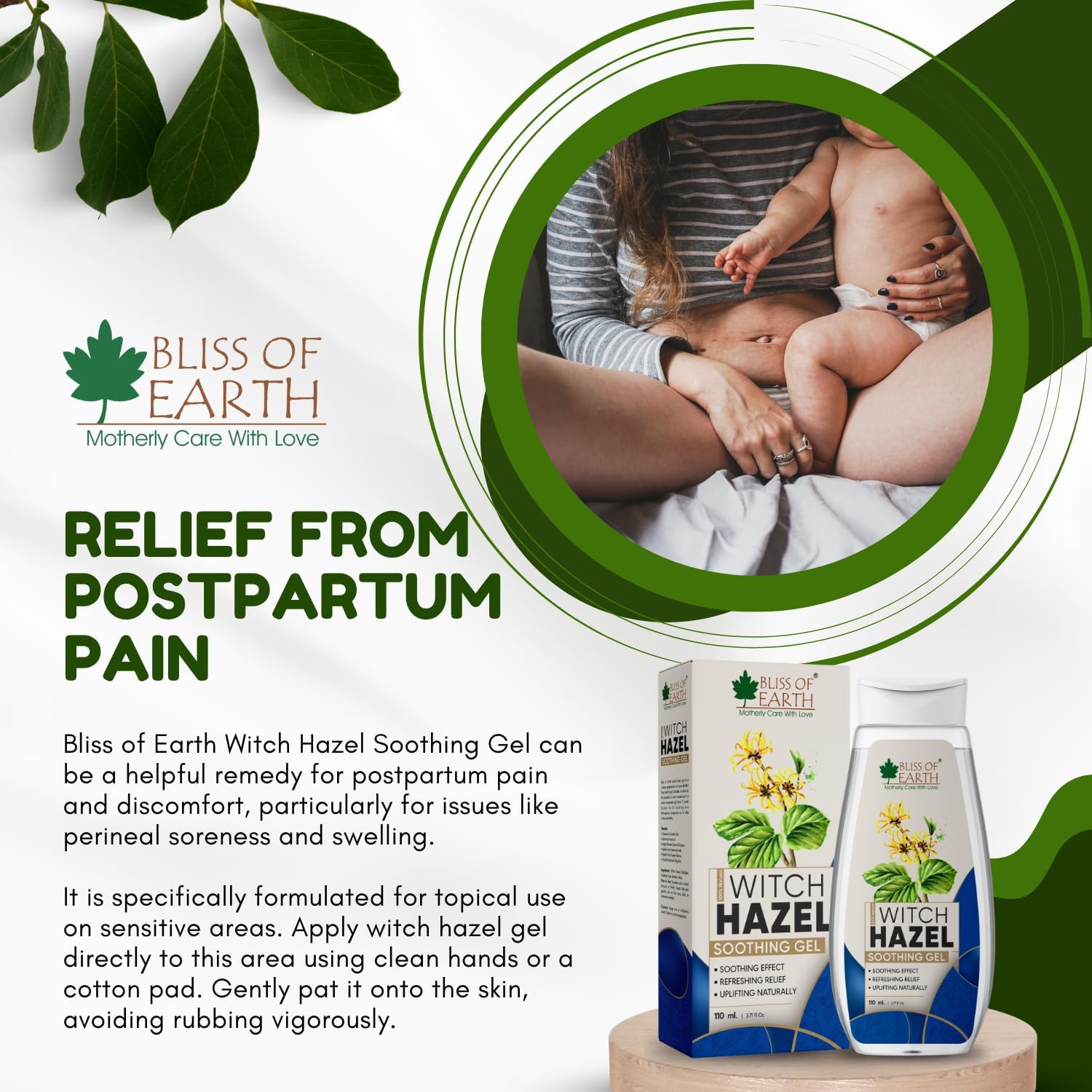 Bliss of Earth Witch Hazel Gel for Hemorrhoids, Diaper Rashes, Postpartum Soothing Relief from Swelling and Discomfort, 110ml