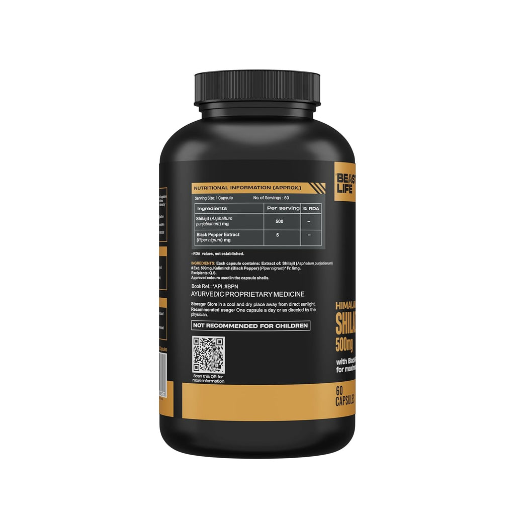 BeastLife Himalayan Shilajit | Pure & Potent Shilajit Supplement | Improve Muscle Strength, Enhances Stamina, Energy & Power | Supports Faster Recovery | Natural & Organic Shilajeet (60 Capsules)