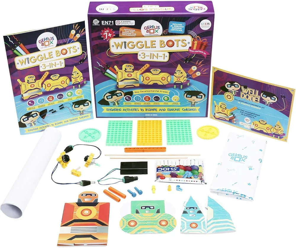 Genius Box Play Some Learning Genius Box Educational Toy Play Some Learning 3 in 1 Activity S.T.E.M Learning Kit for Children Age 7+ Wiggle Bot Activity Kit Multicolor