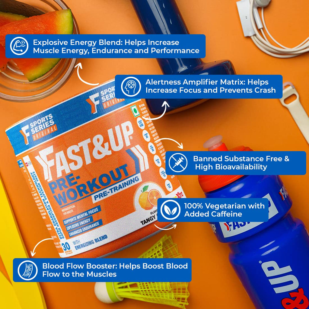 FAST&UP Pre-Workout(300 Gms,30 Servings,Orange Flavour) Powder -Supports Muscle Endurance, Pump, Energy & Mental Focus With Arginine, B-Alanine, Caffeine, Taurine, Vitamins, Minerals And Electrolytes