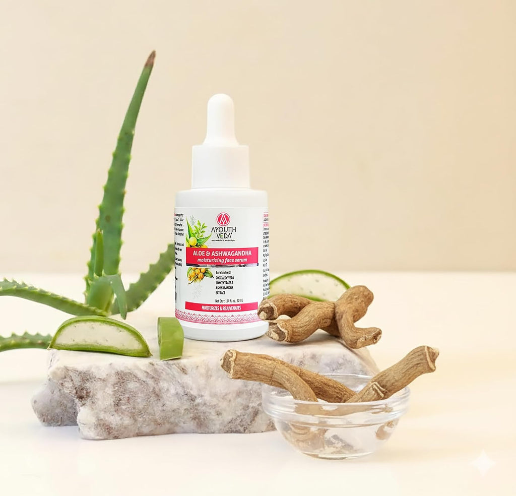 Ayouthveda Aloe & Ashwagandha Face Serum, 200X Aloe Vera Concentrate, Moisturizing & Rejuvenating, All Skin Types, Anti-Aging, 30ml