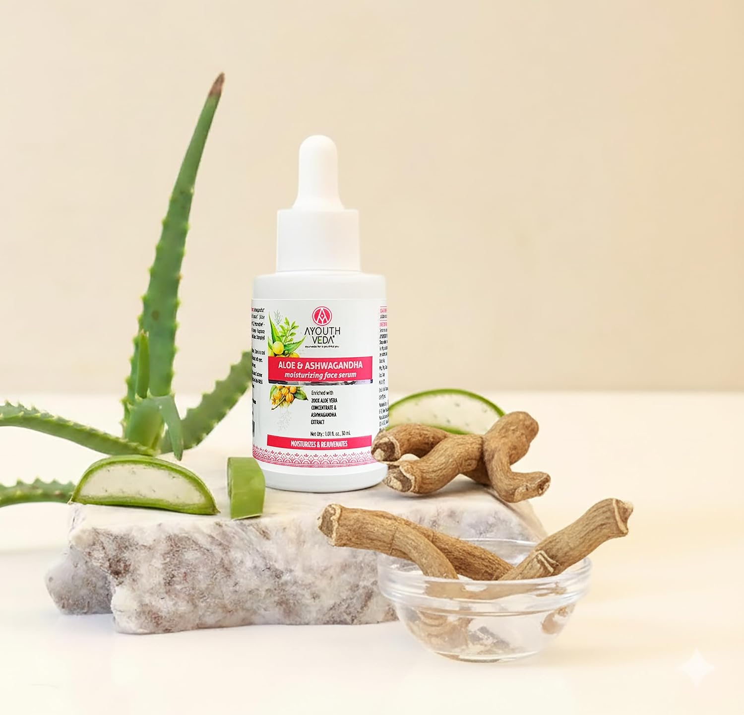 Ayouthveda Aloe & Ashwagandha Face Serum, 200X Aloe Vera Concentrate, Moisturizing & Rejuvenating, All Skin Types, Anti-Aging, 30ml