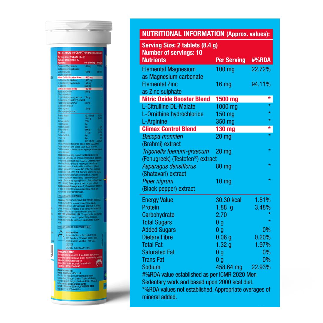 Fast&Up Man Extend | TestofenÂ® Fenugreek Extract |Nitric Oxide Booster + Energizing Blend | Shatavari | Brahmi| Helps Improves Vitality & Stamina | Pack of 20 Effervescent (Peach Flavour)