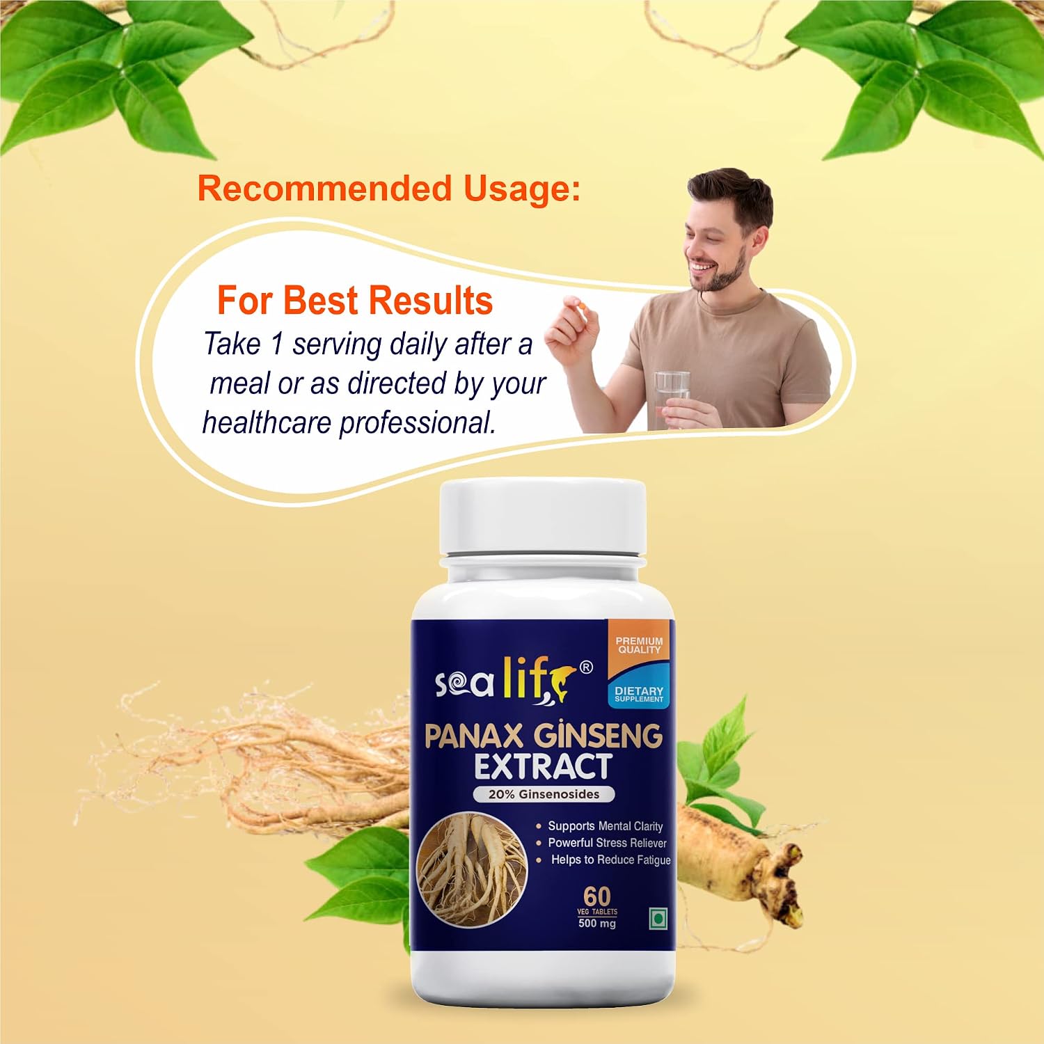 Sea Life Panax Ginseng | Korean Red Ginseng Supplement for Men & Women, Root Extract Powder for Energy and Stress Management (60 Tablets).