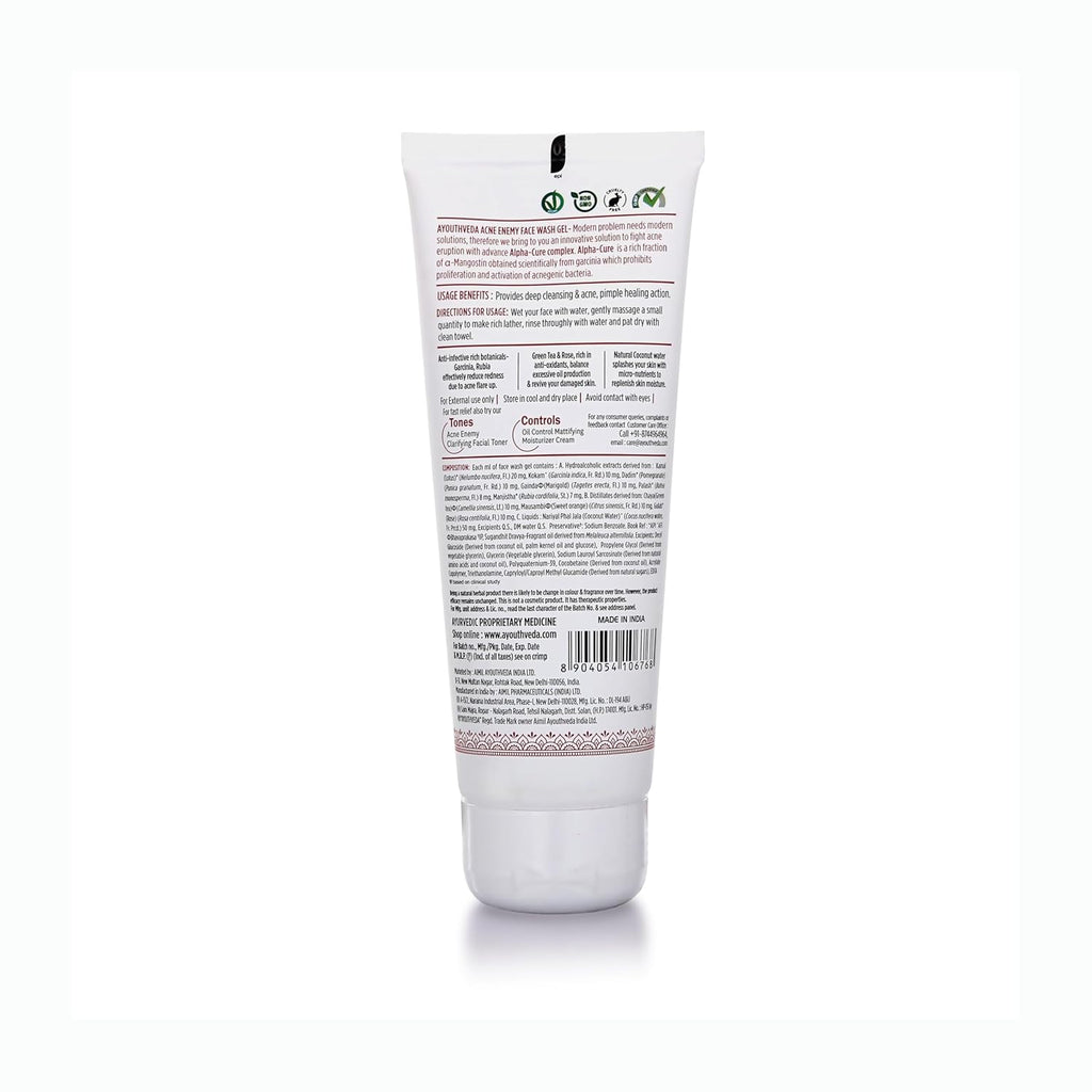 Ayouthveda Acne Enemy Face Wash Gel for Oily Skin | Acne & Pimple Control | Deep-Cleansing, Oil-Balancing & Pore-Purifying | Sulphate-Free Formula with Alpha-CURe Complex (α-Mangostin) & Garcinia | 100ml (Pack of 1)