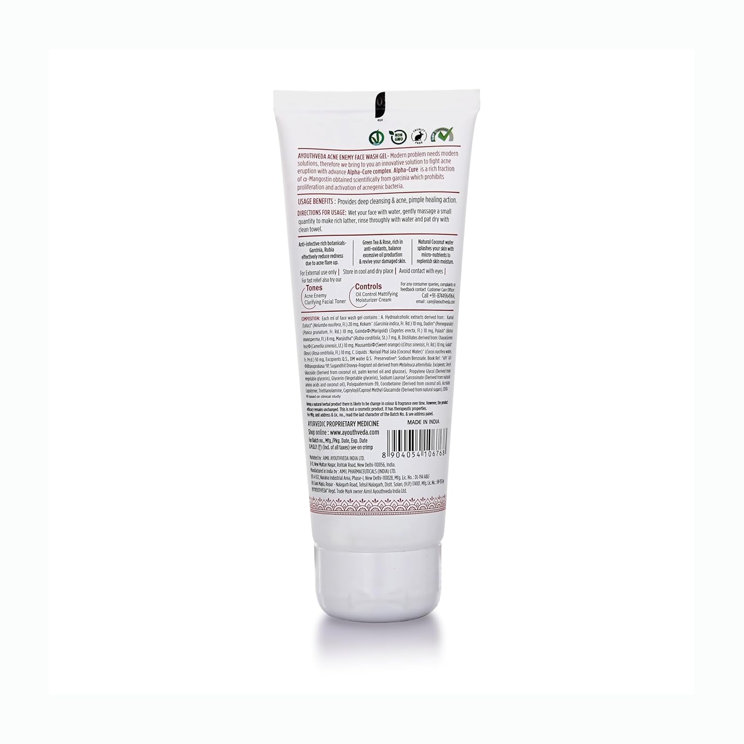 Ayouthveda Acne Enemy Face Wash Gel for Oily Skin | Acne & Pimple Control | Deep-Cleansing, Oil-Balancing & Pore-Purifying | Sulphate-Free Formula with Alpha-CURe Complex (α-Mangostin) & Garcinia | 100ml (Pack of 1)