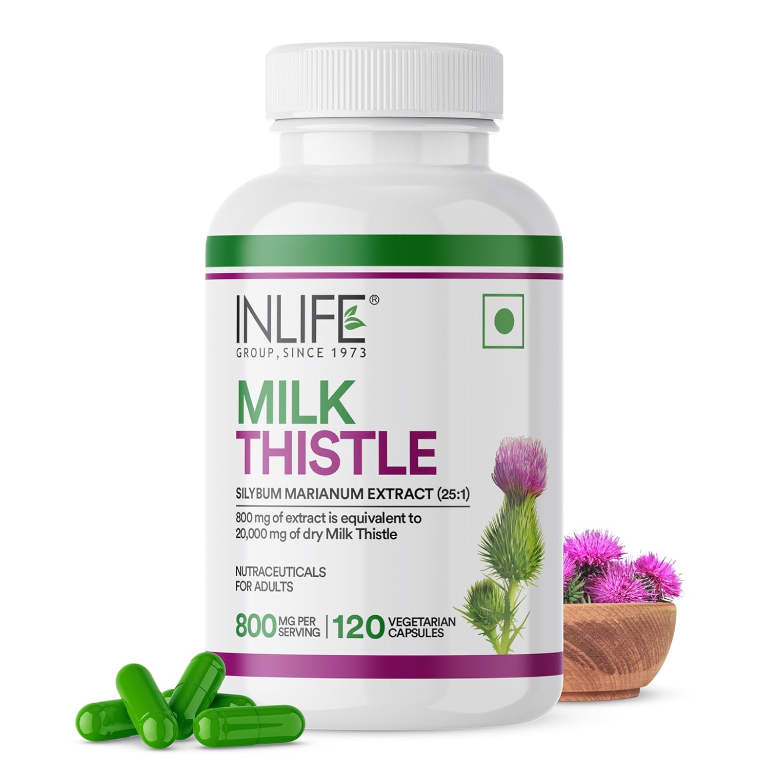 INLIFE Milk Thistle Extract 800mg | 80% Silymarin Liver Support Supplement - 120 Vegetarian Capsules (Pack of 1)