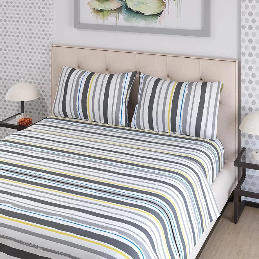 Layers Zen Cotton Blend King Bedsheet Set 1 King Cotton Bedsheet & 2 Pillow Covers Breathable & Anti-Wrinkle 225 CVC Grey Brush Stripes