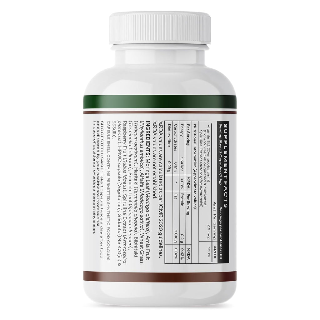 INLIFE Plant Based Vitamin B12 Supplements for Men & Women | Supports Nerve Health & Brain Health | Superfood Formula | B12 from Spirulina Extract - 120 Vegetarian Capsules (Pack of 1, 120)