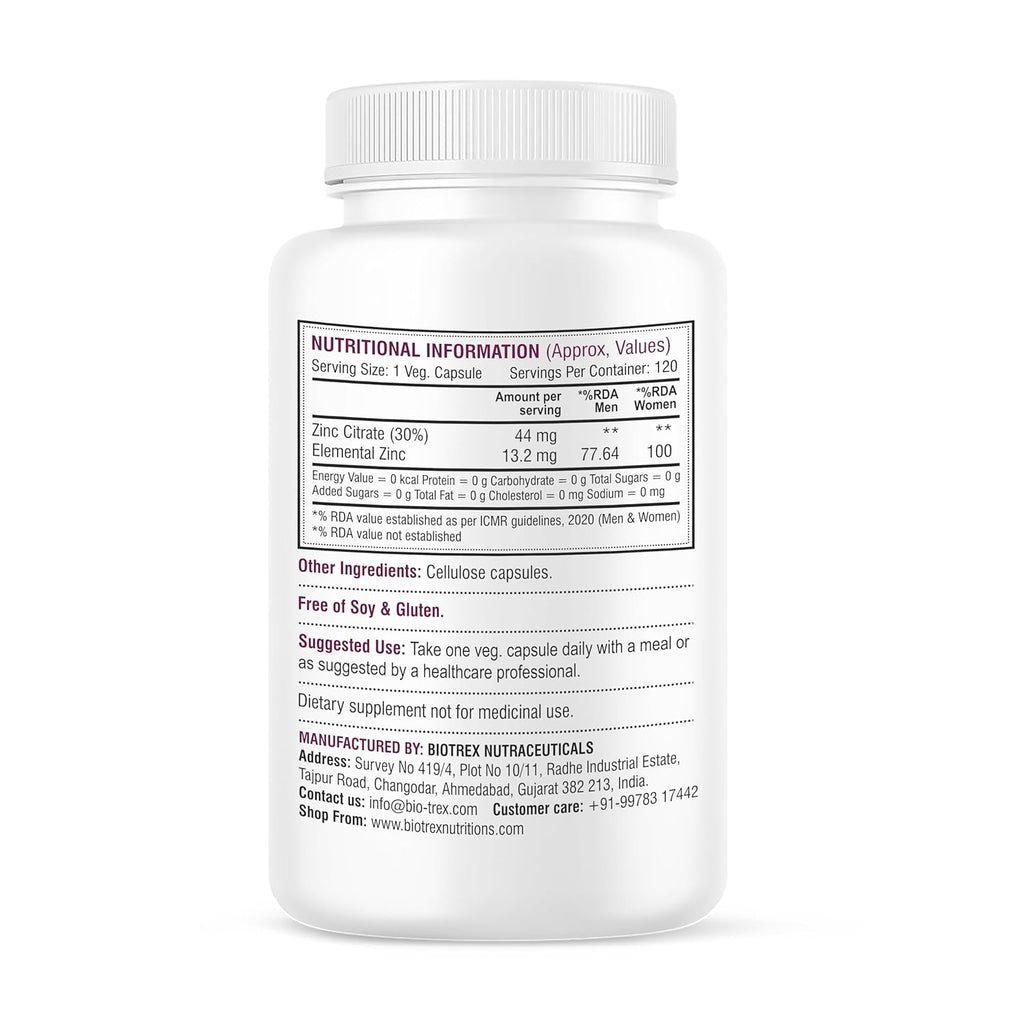Biotrex Nutraceuticals Zinc Citrate Supplement | Immunity & Growth | Better Immune System & Overall Healing | Well Absorbed Zinc | 120 Veg Capsules