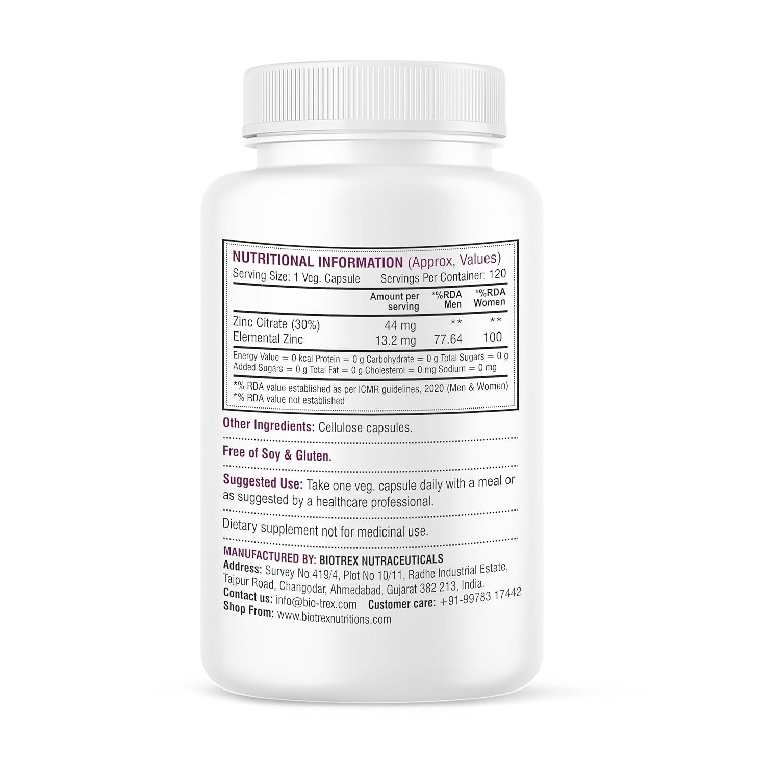 Biotrex Nutraceuticals Zinc Citrate Supplement | Immunity & Growth | Better Immune System & Overall Healing | Well Absorbed Zinc | 120 Veg Capsules