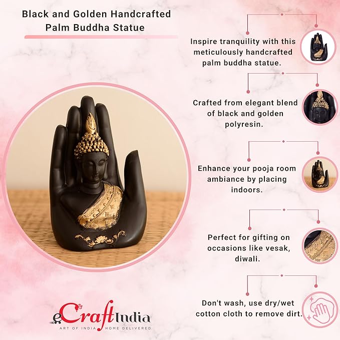 Ecraftindia Golden Handcrafted Palm Buddha Polyresin Showpiece | Black